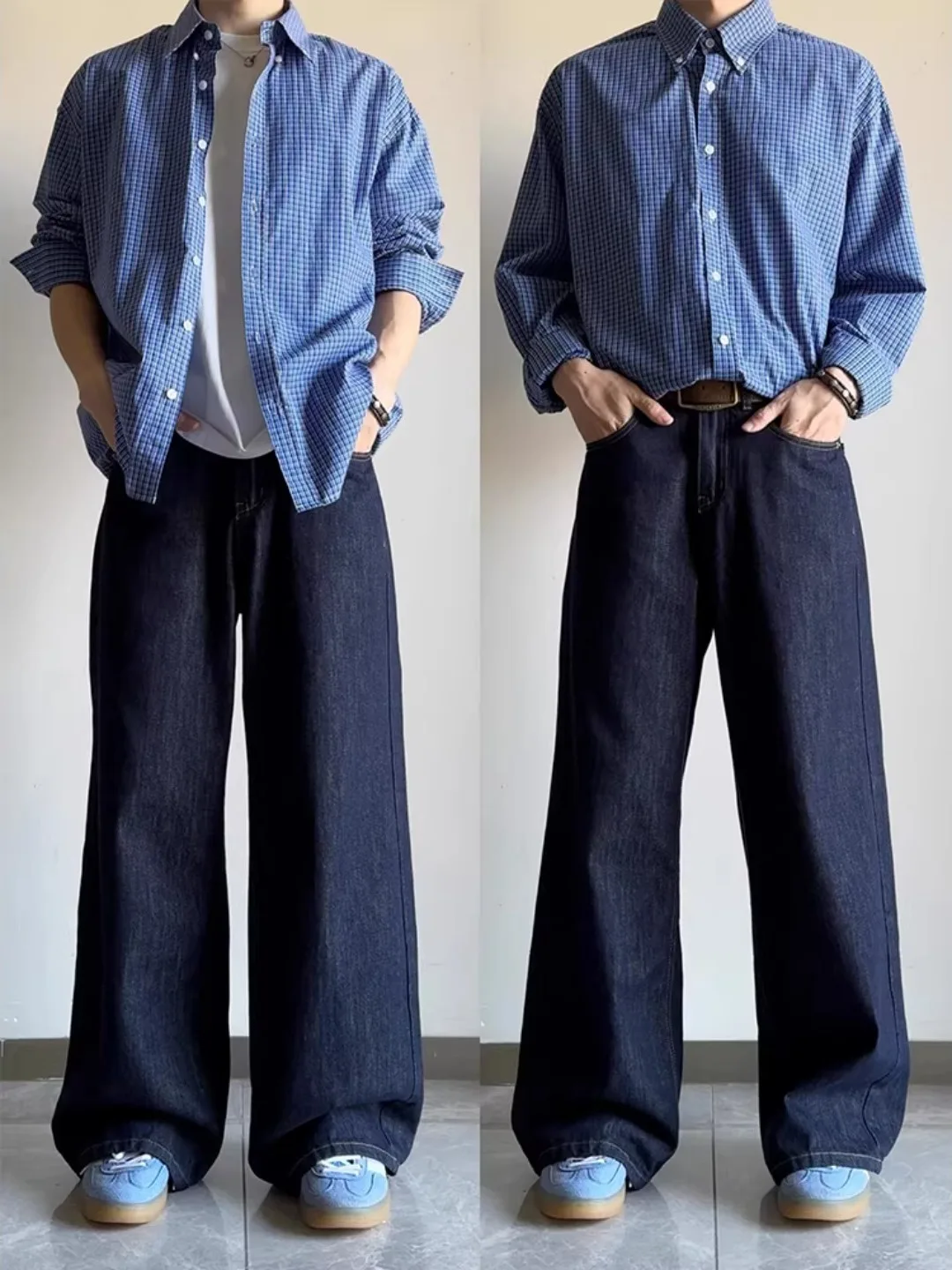 

Cleanfit Destructed Denim Blue Men's Spring High Street Knife Wide Leg Jeans Casual Comfortable Straight Fit Trousers