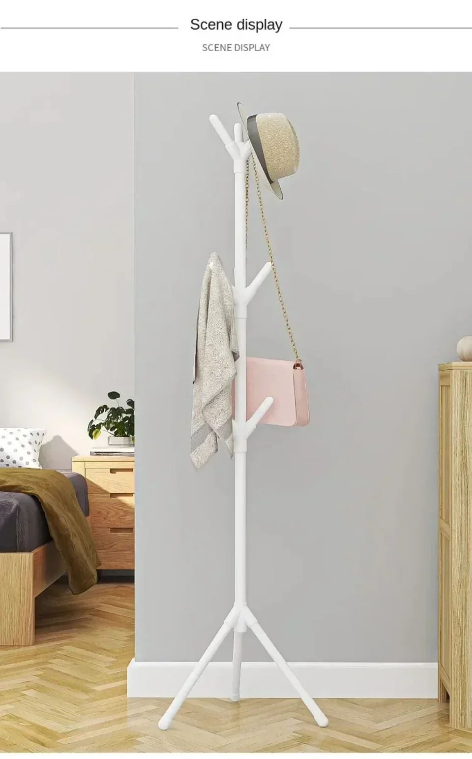 Vertikaler Kleider- und Hutständer für das Schlafzimmer – Bodenstehender Garderobenständer in Baumastform zur Aufbewahrung von Schals und Handtaschen – Detail 11