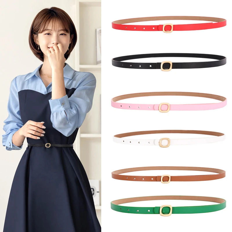 1Pcs New Multi-color Versatile Women's Thin Belt Metal Plate Buckle Belt Female Sweater Adjustable Waistband Dress Jeans Belt