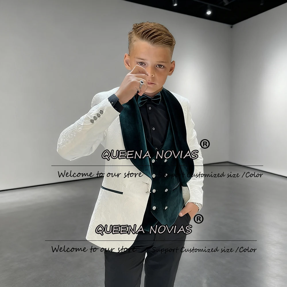 Elegant Jacquard Boy's Suits For Wedding 3 Pieces Sets Velvet Shawl Lapel Children Tuxedos Customized Kids Formal Party Blazers