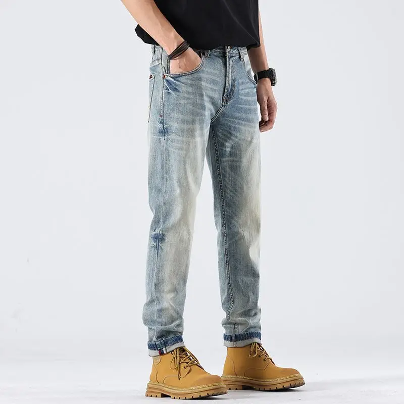 Youth  Elastic Light Blue Jeans for Spring and Summer 2025 Casual  Luxury Comfortable Versatile Small Straight Leg Pants