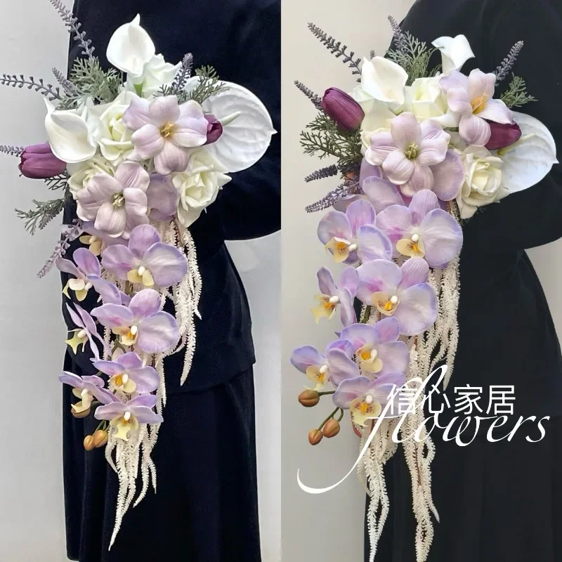Purple Waterfall Bouquet Simulation Flower Senior Bride Wedding Day Photography Photography False Bouquet Moisturizing Roses