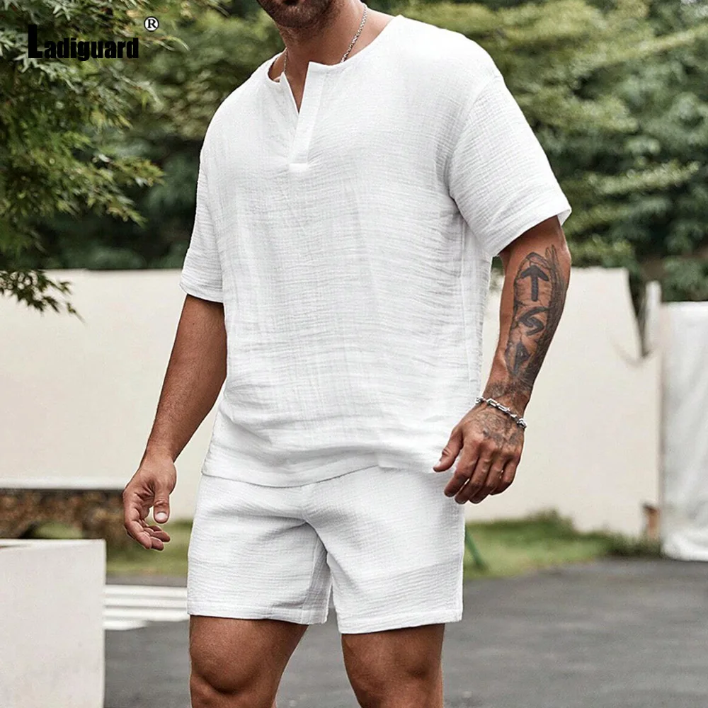 Men Casual Beach Two Piece Sets 2024 Short Sleeve Tops Blouse and Elastic Waist Shorts Suit White Thin Soft Tracksuits Set Male