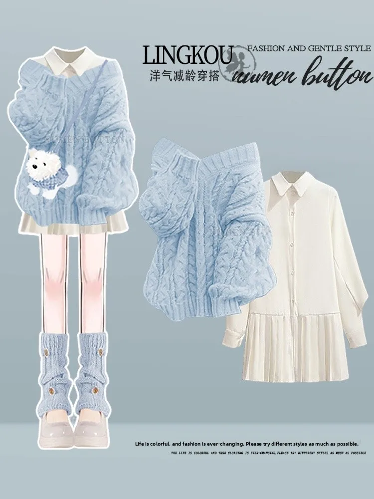 

Корейский вязаный свитер Sle Lazy Faion Dr, комплект из двух предметов Age-Defng irt Dr Ele Personali Long Sve V-Ne