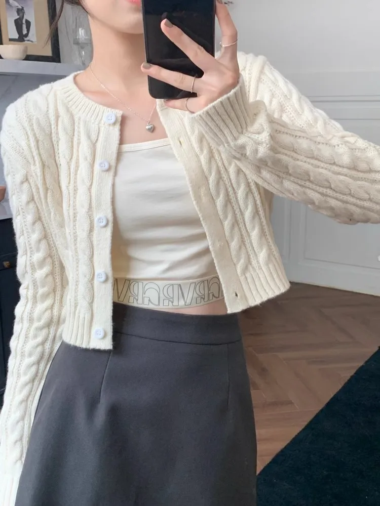 Cable Knit Crop Cardigan for Women Teen-girl Slim-fit Long Sleeve Button Down Sweater Jacket Fall Winter Y2K 90s Acubi Outfit