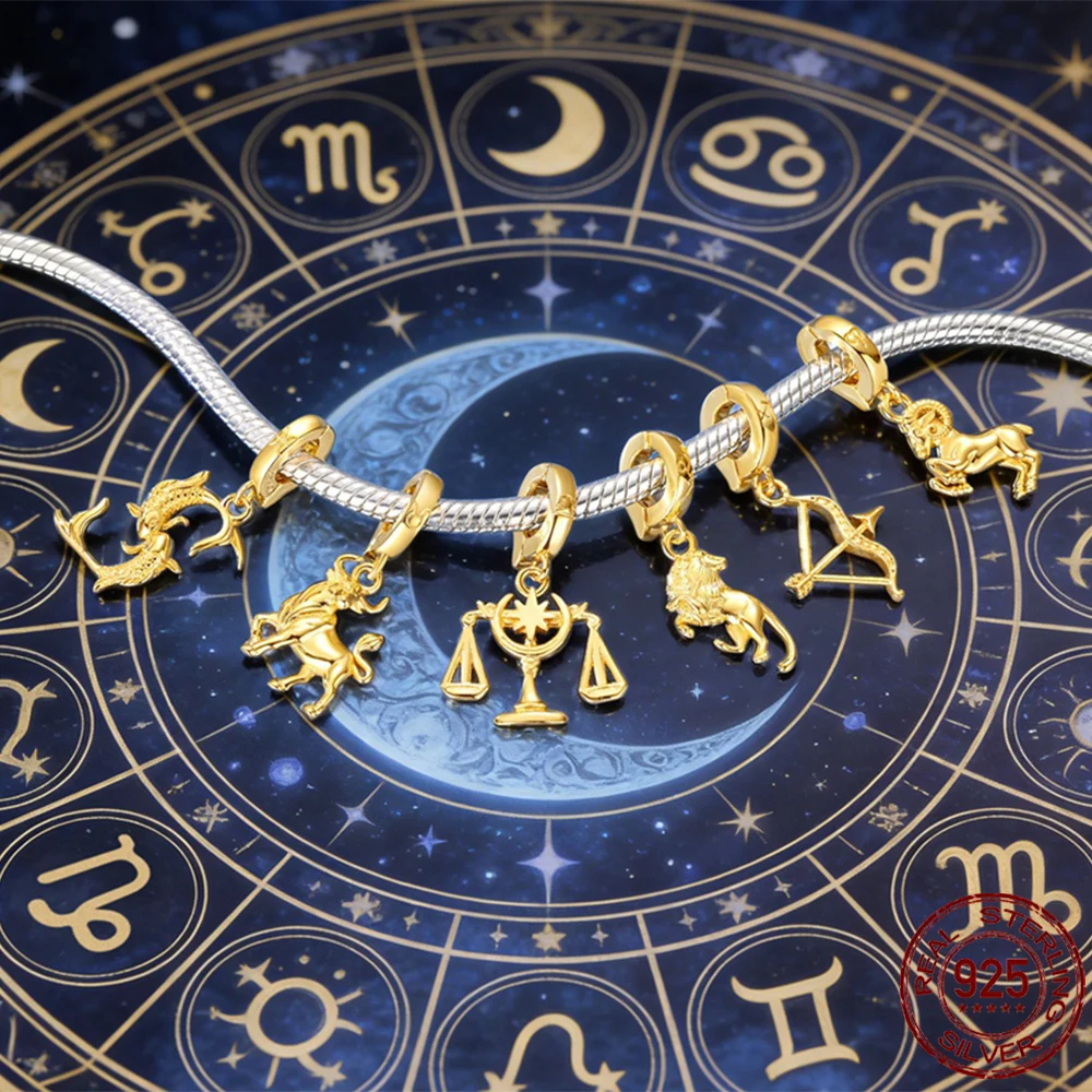 

Новые оригинальные подвески-шармы из серебра 925 пробы с золотым покрытием, серия «Двенадцать звездных стражей», подходят для браслетов, DIY-украшения для женщин.