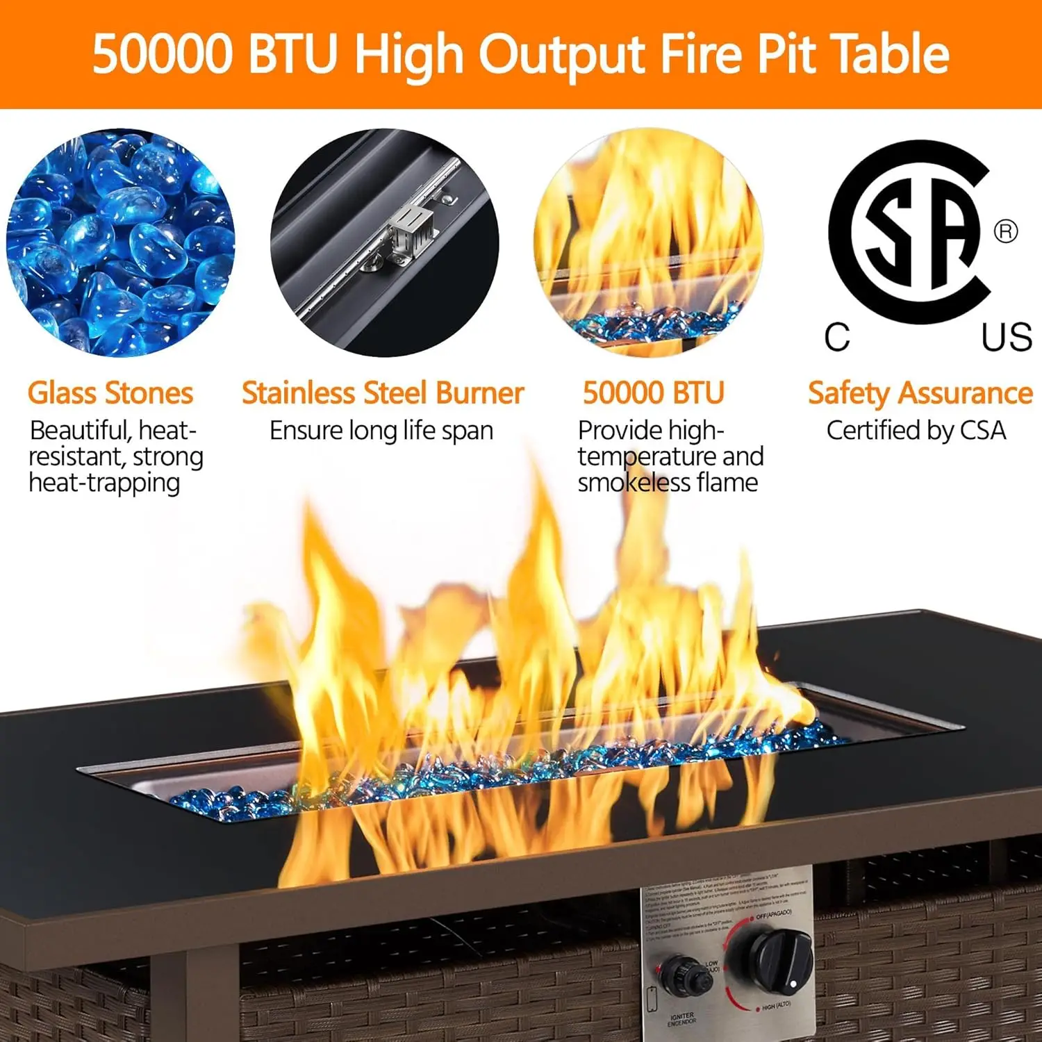 43 inch Propane fire Pit Table 50,000 BTU Wicker Gas Fire Pit with Lid, Tempered Glass Tabletop, Fire Glass and Rain Cover