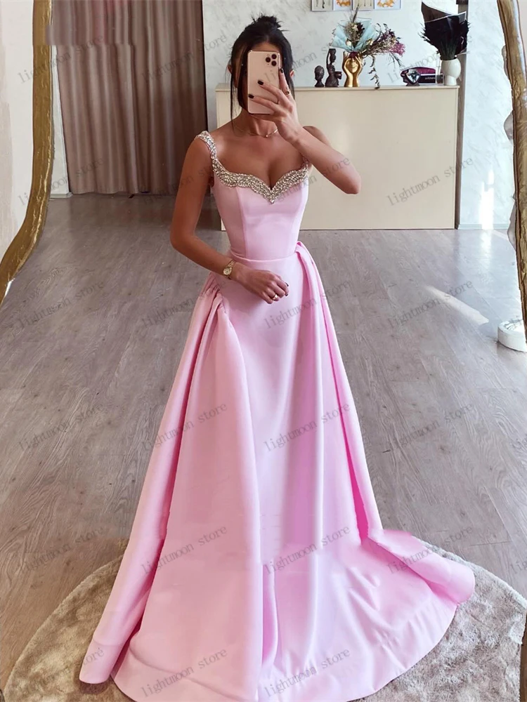 Elegant Evening Dresses A-Line Satin Prom Dress Beading Appliques Sleeveless Robes For Formal Party Vestidos De Noche Customized