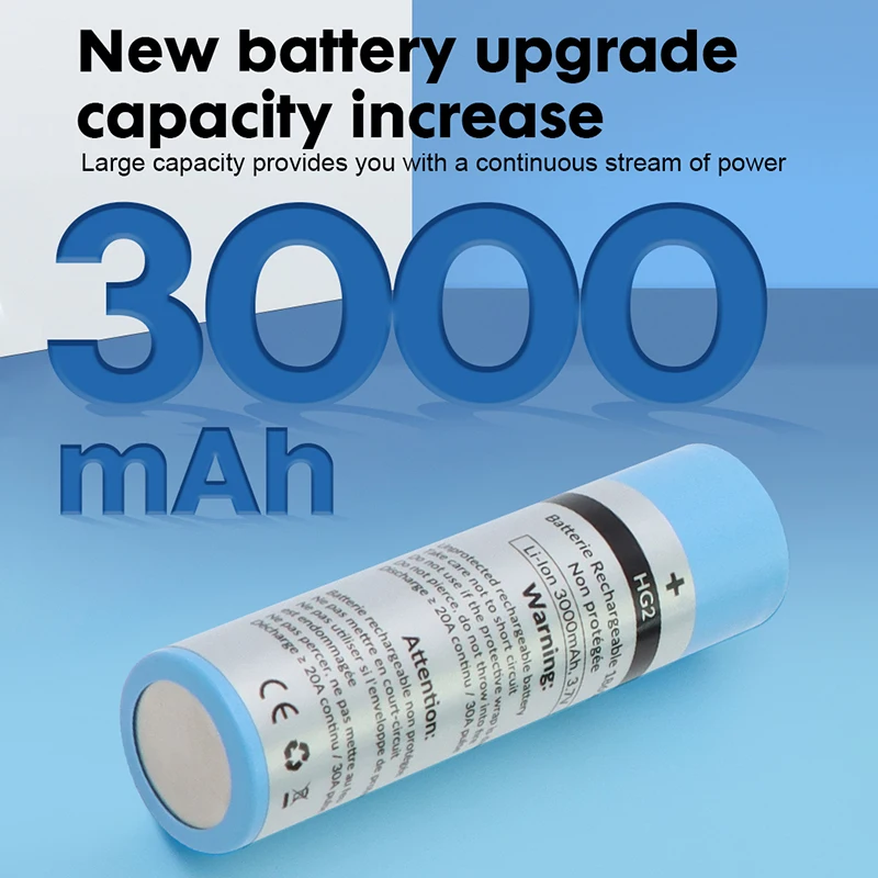 Cylindrical Li-ion Battery 18650 3.7V Continuous Discharge 30A Flat Head High Current HG2L Lithium Battery Rechargeable