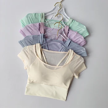 여성용 메쉬 요가 셔츠, 섹시한 반팔 티셔츠, 패드 스포츠 탑 블라우스, 속건성 체육관 셔츠, 러닝 피트니스 탱크 셔츠, 요가복