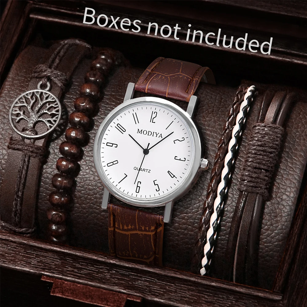 5PCS/Set Men Business Watches Casual Round Quartz Watch Tree PU Leather Bracelets Set（Without Box） image 3