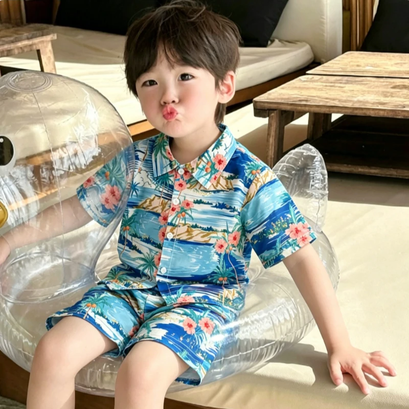 Boys' Suit 2026 Spring and Summer New Childrens Wear Boys Baby Holiday Style Thin Casual Printed Shirt and Shorts Two-piece Set