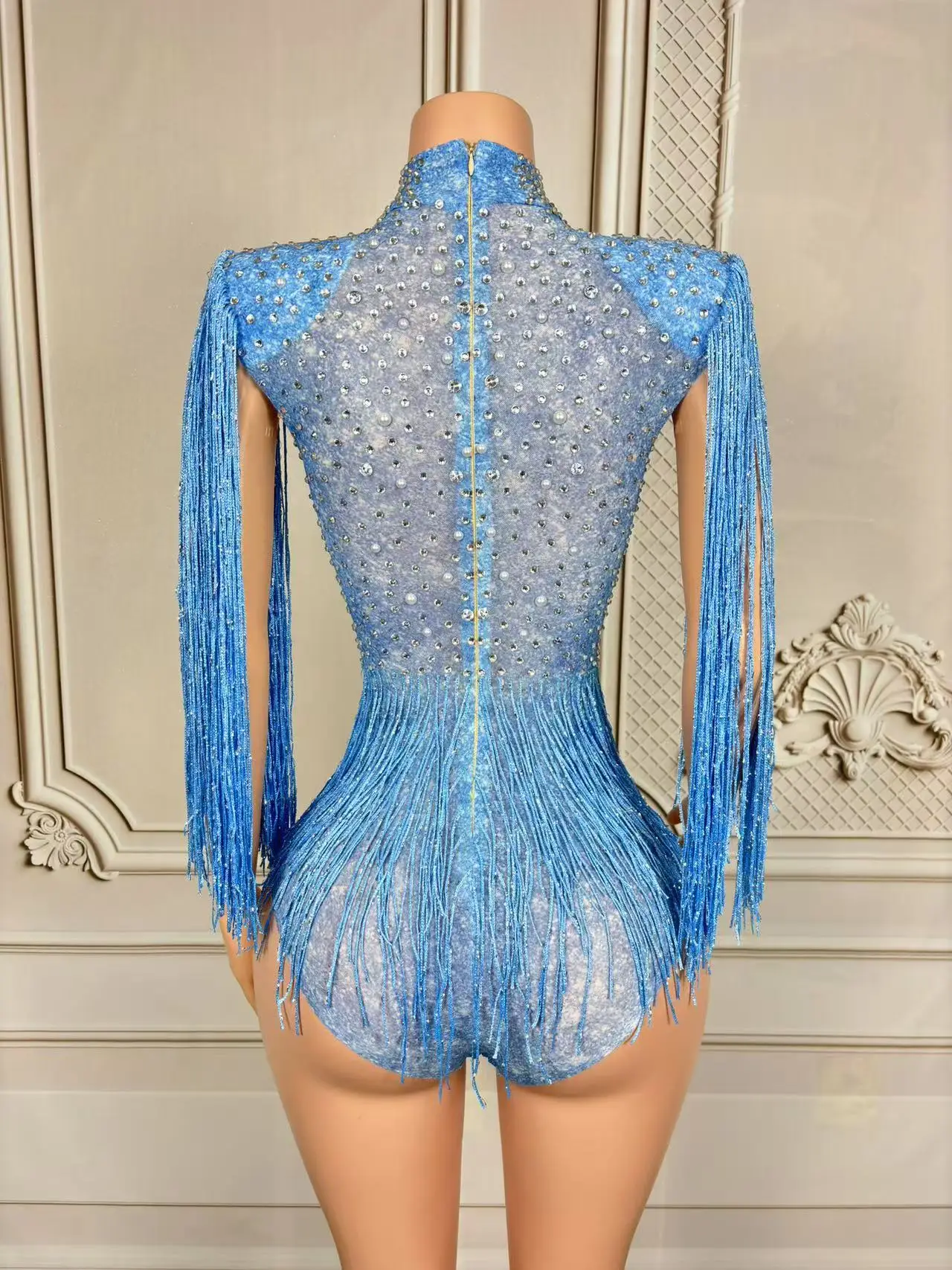 Sexy Sparkly Rhinestones Tassels Mesh See Through Bodysuit Women Nightclub Dance Costumes DJ Show Stage Wear Party Singer Outfit