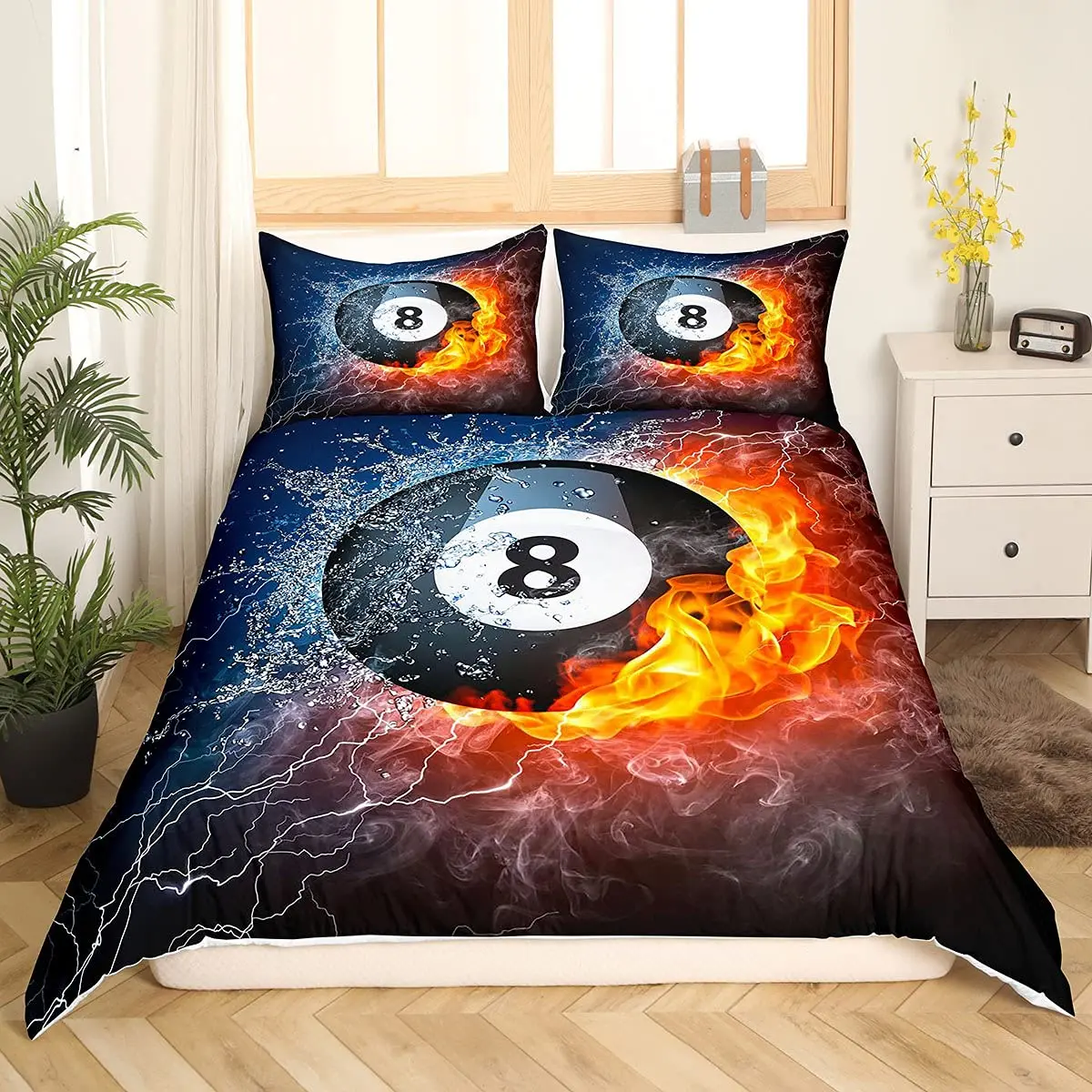 Sports Snooker Duvet Cover Billiard Ball Bedding Set for Kids Boys Black Ball Comforter Cover Flames and Blue Water Quilt Cover