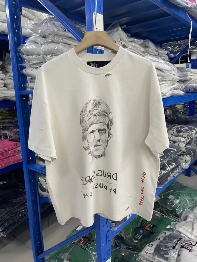 

Paly Men's Oversized Retro T-Shirt Distressed Sketch Print Streetwear Casual Top Loose Hip Hop Fashion Tee