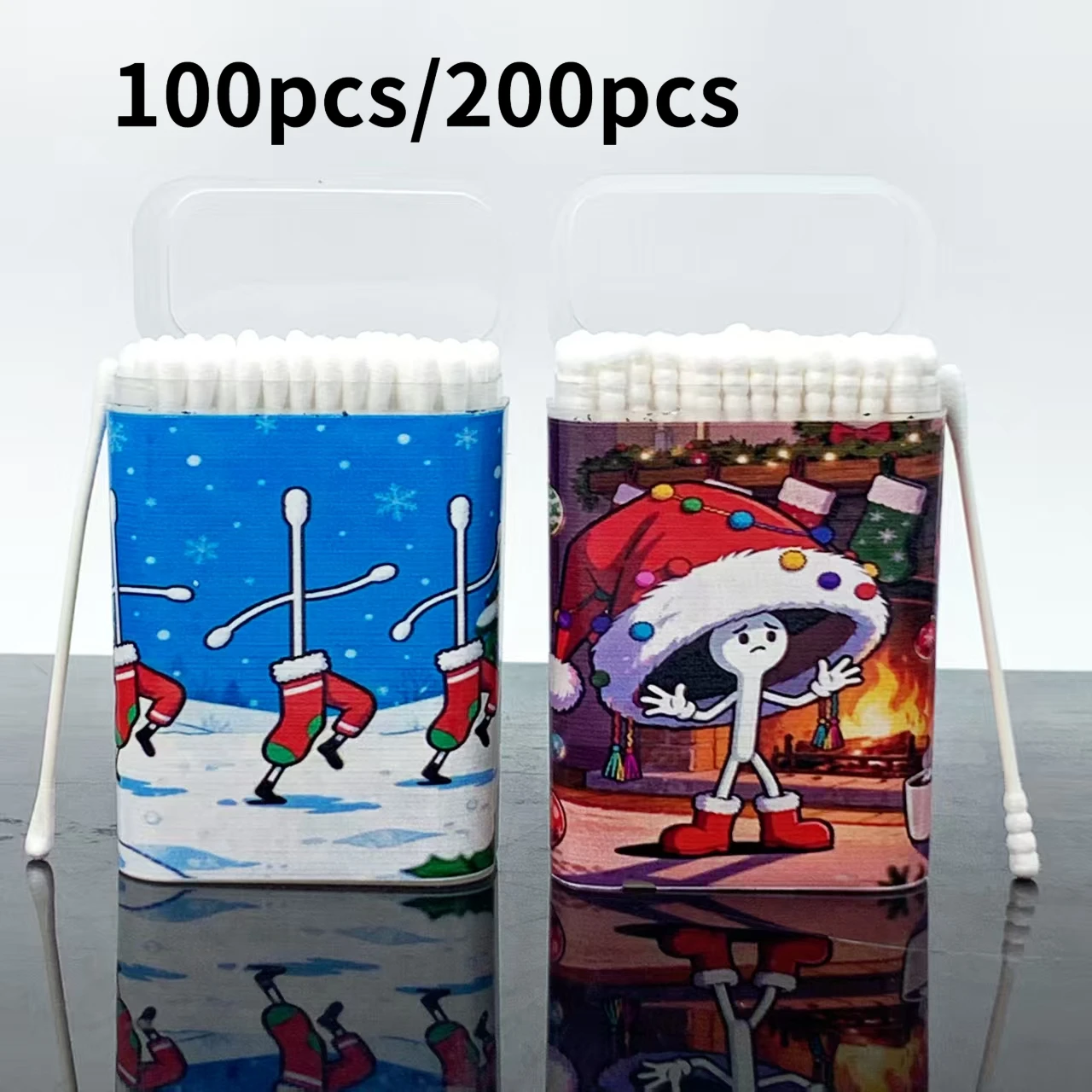 100개/200개 크리에이티브 크리스마스 듀얼 엔드 면봉, 일상 가정용 슬림 스틱 면봉