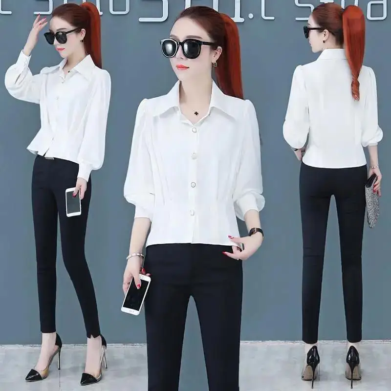 Frühling Herbst frauen Ausländischen Sle Chiffon irt Neue De Reine Farbe Vielseitig Quadrat Kragen Lange Sve Damen Bluse