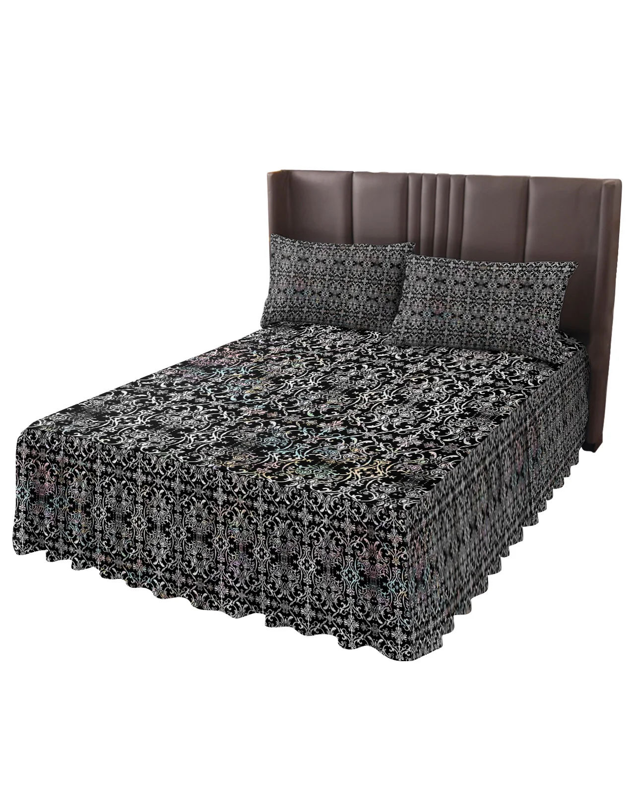 Floral Flower Texture Black Bed Skirt Elastic Fitted Bedspread With Pillowcases Mattress Cover Bedding Set Bed Sheet