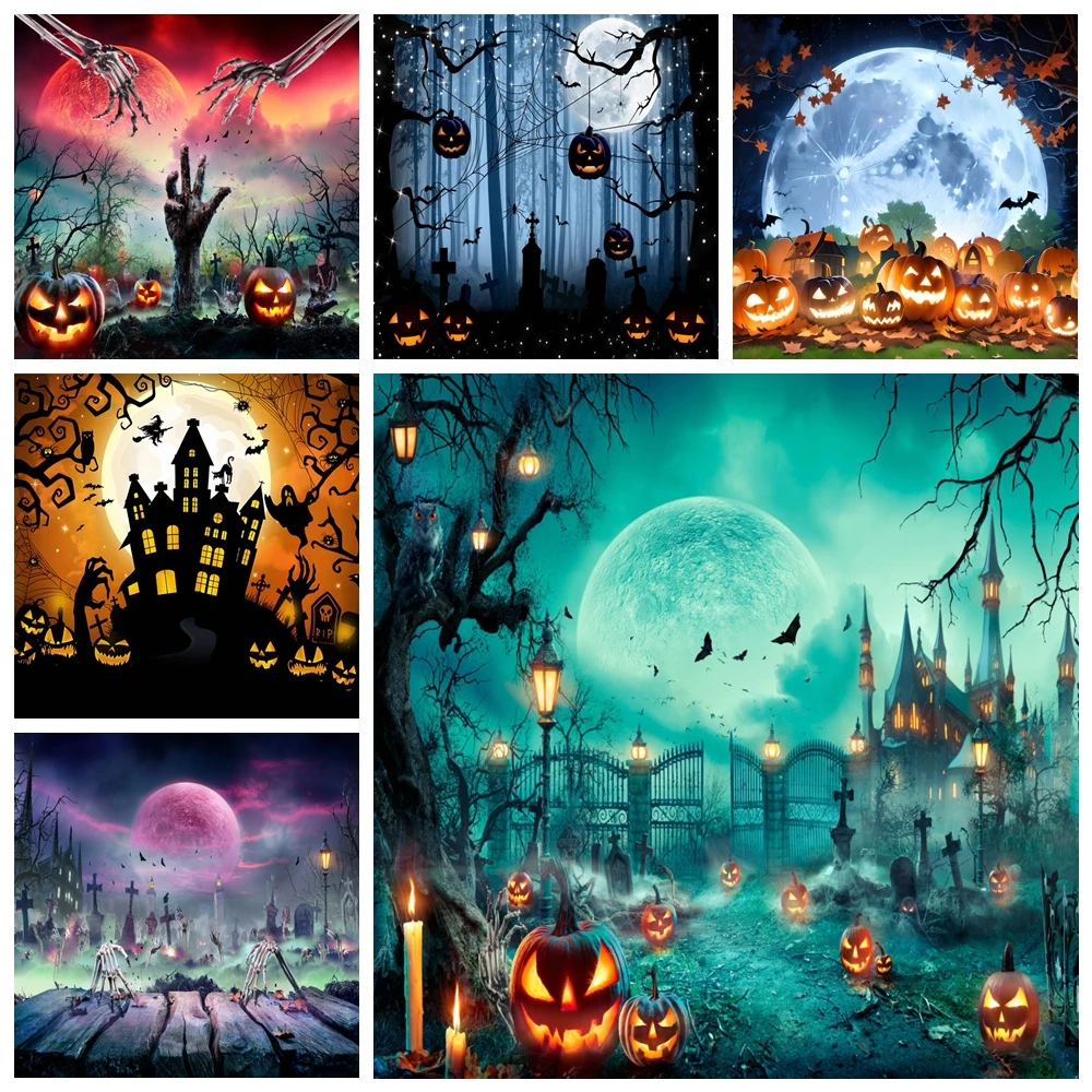 Halloween Night Full Moon Backdrop Pumpkin Lantern Gloomy Woods Horrible Cemetery Photography Background Spooky Party Banner