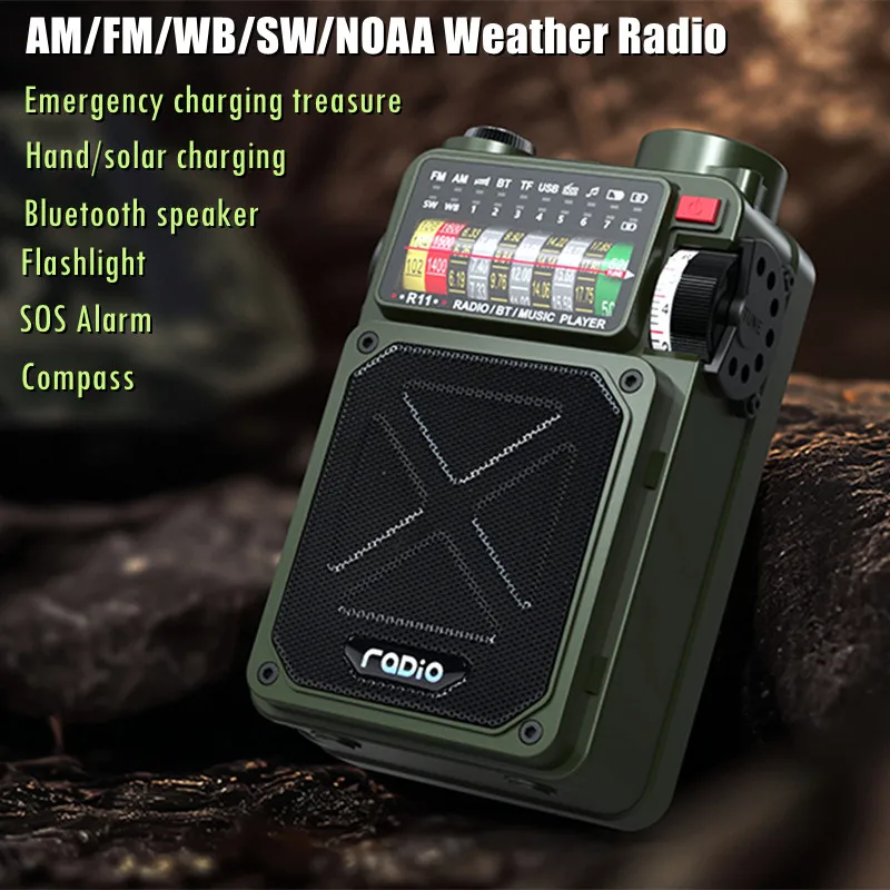 

Радио R11, уличный военный портативный динамик, ручная солнечная зарядка, аварийное радио, SOS-сигнализация с фонариком, слот для TF-карты