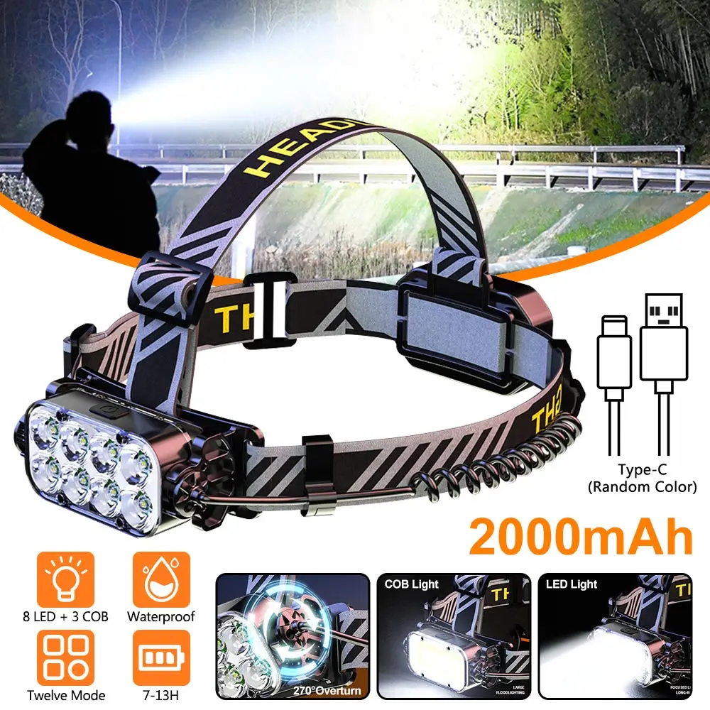 Double-sided Flip Headlamp Digital Display Rechargeable 3 Light Source Waterproof Headlamps Camping Fishing Head Torch Lantern