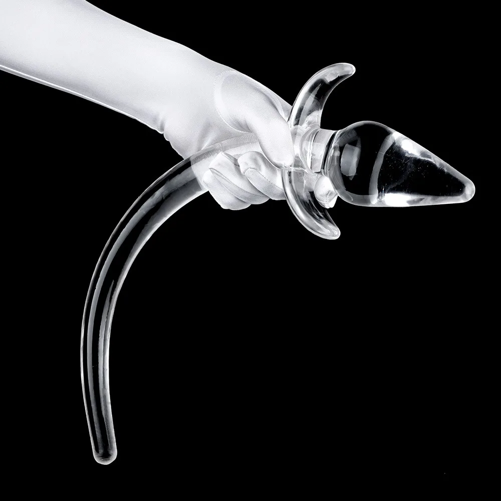 XL 47CM Transparent Crystal Dog Tail Anal Plug G-Spot Stimulator With Soft Tail Double Plug Buttocks Anal Expansion Device BDSM