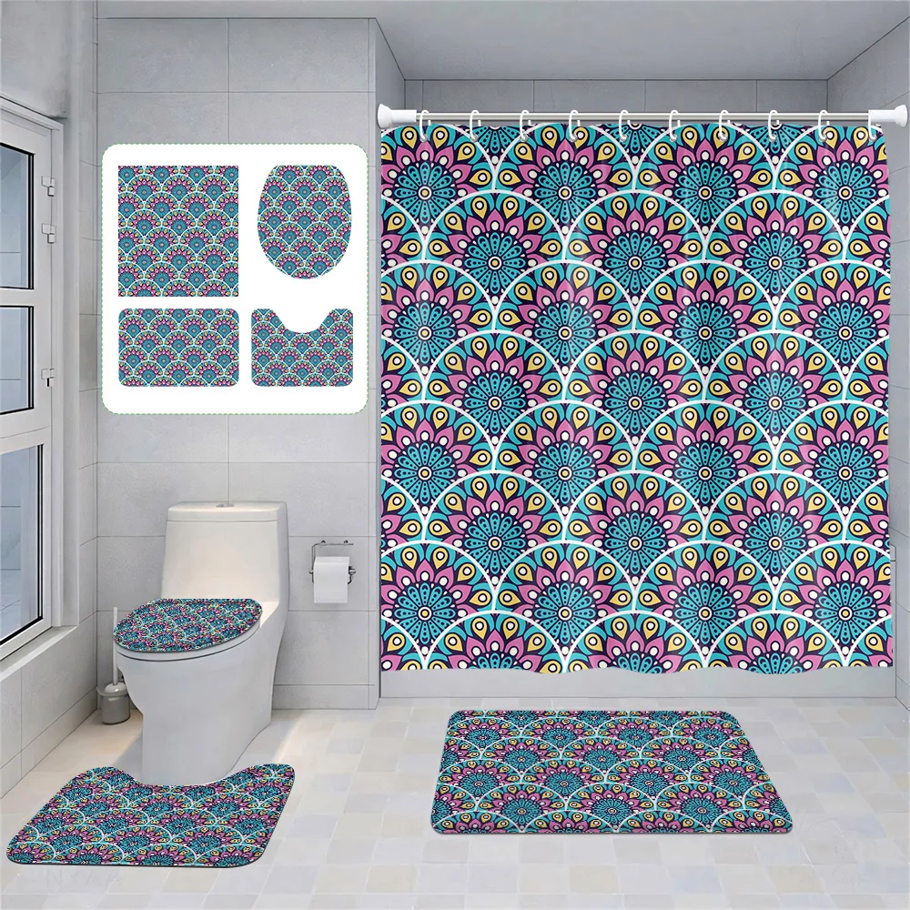 Bohemian-Style 4-Piece Bathroom Set: Shower Curtain, Toilet Cover & Rugs, Intricate Geometric & Floral Patterns, Vivid Colors