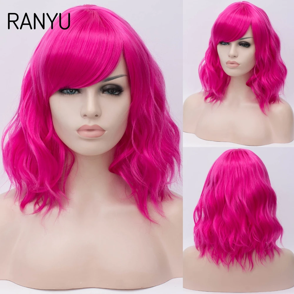 

RANYU Rose-Red Grey-Orange Wig With Bangs Synthetic Natural Short Wavy Hair Black Role-Playing Curling For Women'S Daily Use Hea