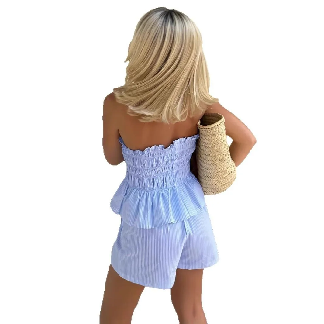 Traje Casual a Rayas de Verano para Mujer, orts Arrugados, Conjunto Moderno, orme para Estudiantes, Ropa de Trabajo
