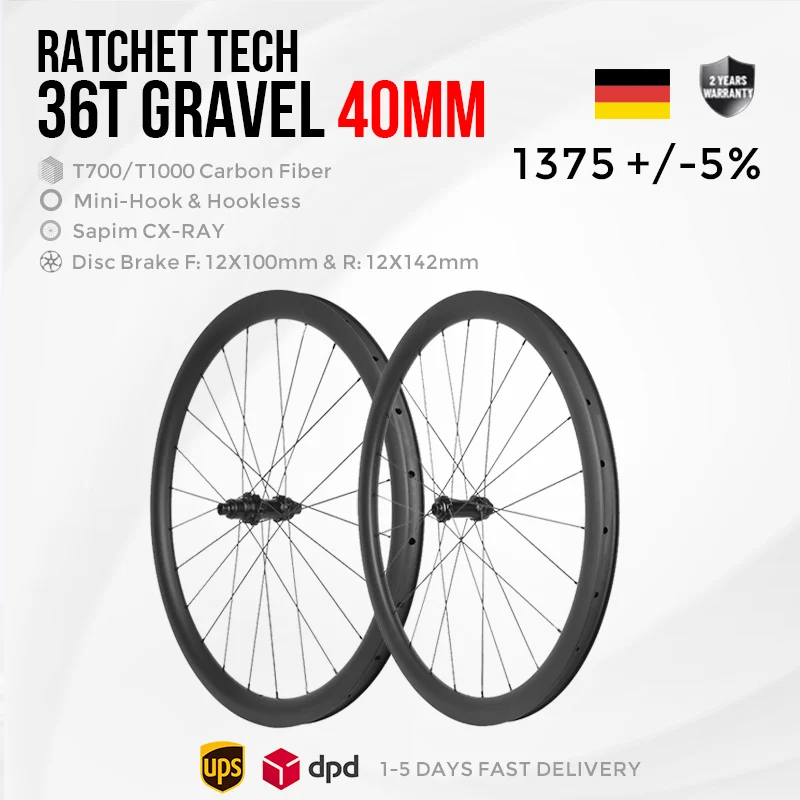 700C Carbon Gravel Laufradsatz 40mm | Mini-Hook 24mm / Hookless 25mm | 36T Ratchet Nabe | S11 & SRAM XDR | Tubeless Ready | Deutschland Lager, Versand nach EU