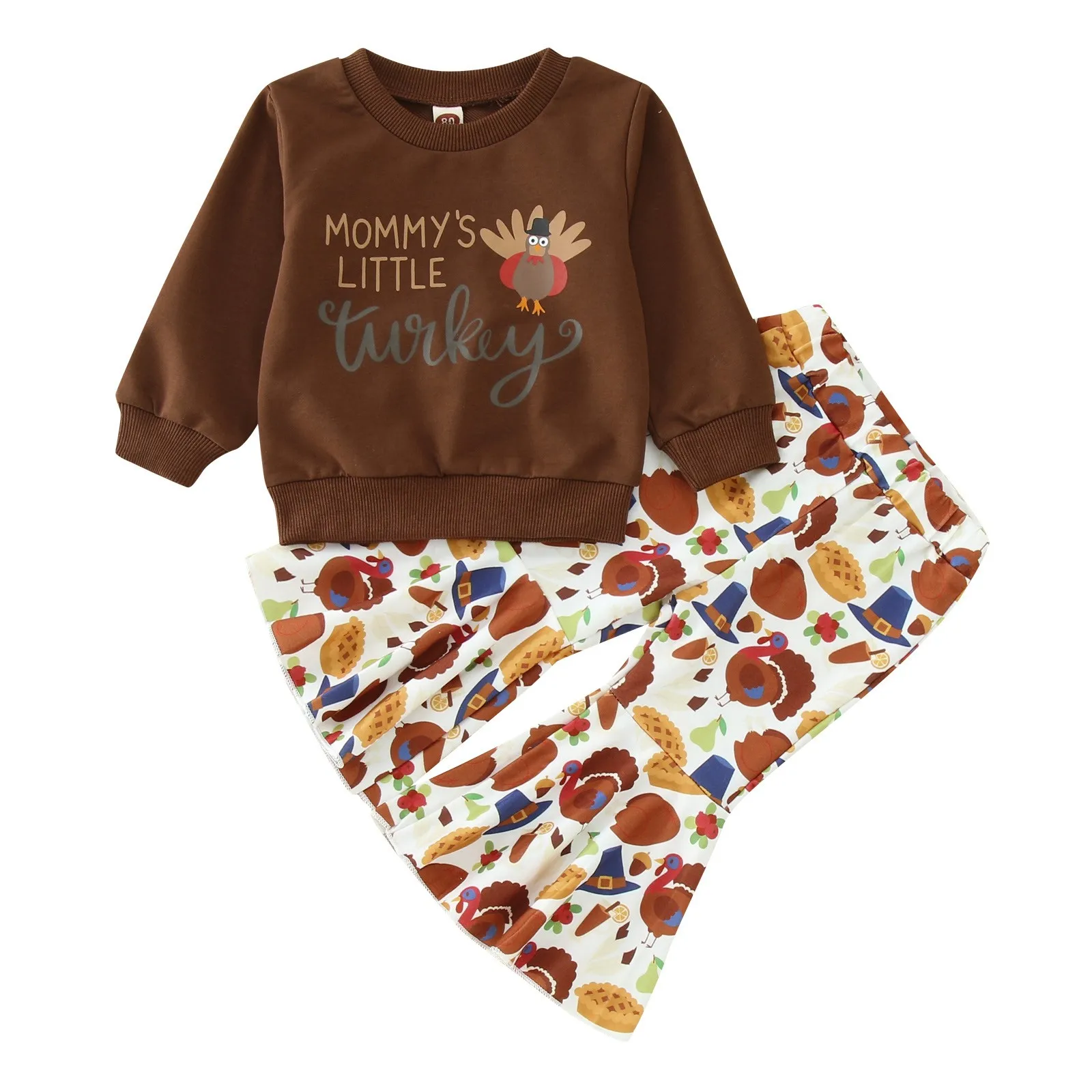 Kids Baby Girls Thanksgiving Day Outfits Turkey Ruffles Sweatshirt Tops Flare Pants Bell Bottom Clothes Baby Stuff for Girls