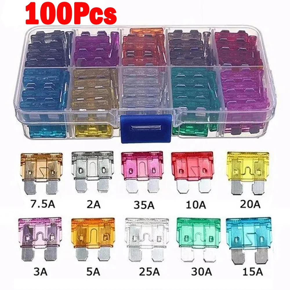 

100Pcs Middle Type Fuse Automotive Profile Zinc Fuses Blade Fuse Holder for Auto Car Truck 2A-35A Fuse with Box Clip