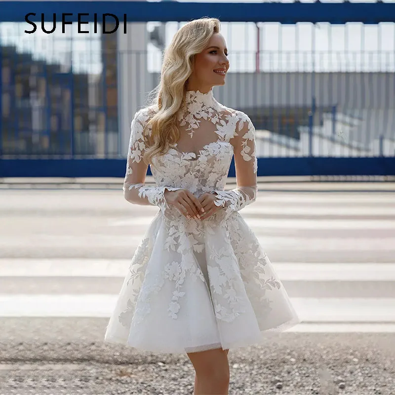 Short Mini High Neck Bridal Gowns For Women Lace Applique Above Knee Length Wedding Party Dress Long Sleeves Wedding Dresses