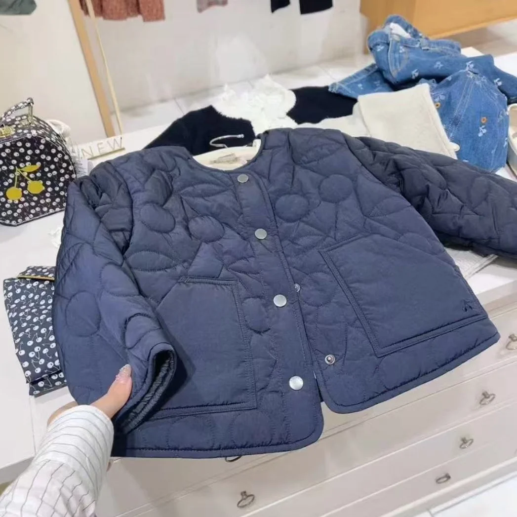 

2025 BP Coat Girls Blue Jackets Cherry Embroidery Round Collar Parkas Winter Autumn Children Sweet Outerwear Clothing