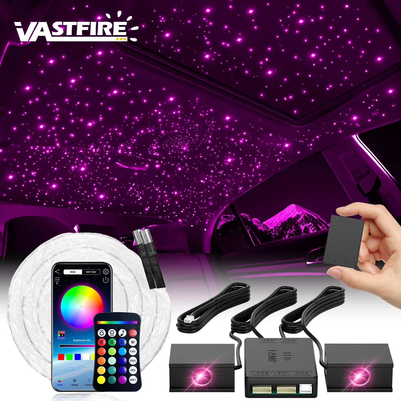 Split 12W Car Starlight Headliner Kit, 300‑1200 Strands 0.02in 3.2/4.9/6.5ft RGBW Fiber Optic Lights, Multi‑Port Light Engine, Sound Activated, APP & RF Remote Control for Car Roof Ceiling Decoration