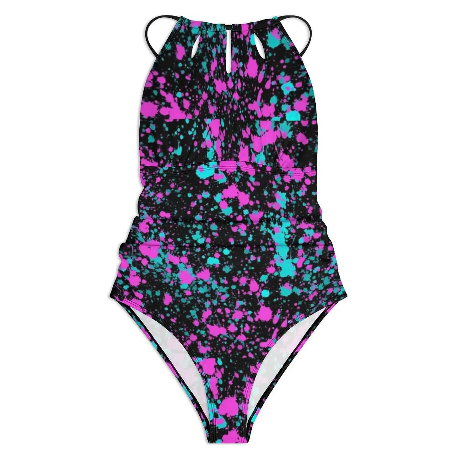 Neon Paint Splatter Swimsuit Pink Blue Swimwear One Piece Holiday Pool Bodysuit Hollow Out Bathing Suits Women Sexy Beach Wear