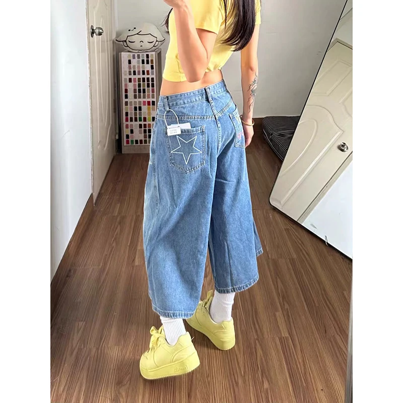 YIBASHU Women High-Waisted Loose Wide-Leg Denim Shorts Blue Embroidered Star Y2K Harajuku Style Retro Jeans Seven-Foot Clothes