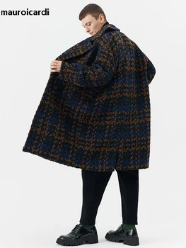 Men's Long Plaid Wool Double-Breasted Coat 2 Mauroicardi Autumn Winter Long Loose Stylish Cool Thick Warm Plaid Tweed Woolen Coat Men Double Breasted European Fashion 2023 2