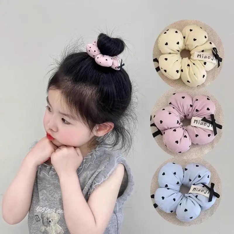 【IIOO】1Pcs Sweet Hair Accessories Girls Cute Flower Shaped Hair Scrunchies For Kids Heart Printed Elastic Hair Ties