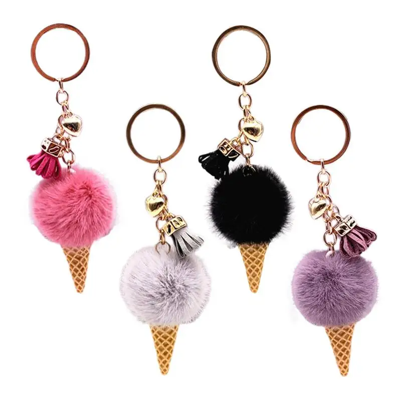 Faux Fur Ice Cream Pendant Keychain Cute Cartoon Keychain Plush Furry Bags Hang Cone Car Key Chain Keyring Creative Girl Gifts