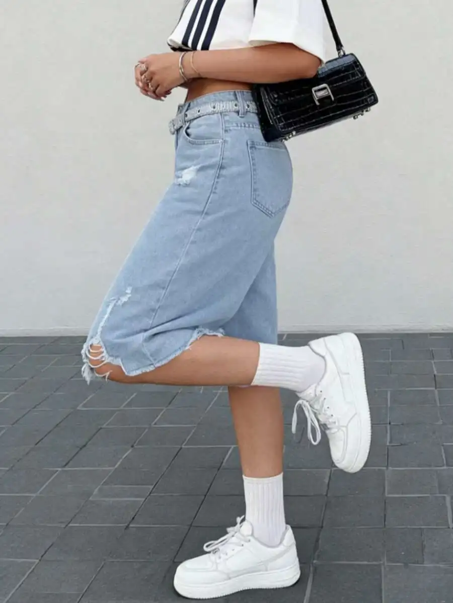 

Womens Casual Denim Bermuda Shorts With Pockets Non-Stretch Blue Jean For Summer