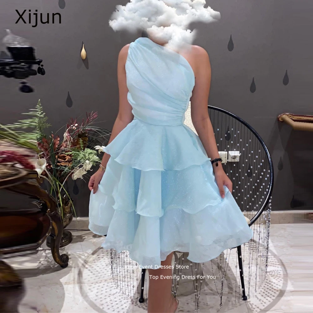 Xijun Baby Blue Evening Dress Short  A Line Prom Dress One Shoulder Tiered Birthday Party Dresses Prom Gowns Girls Saudi Arabric