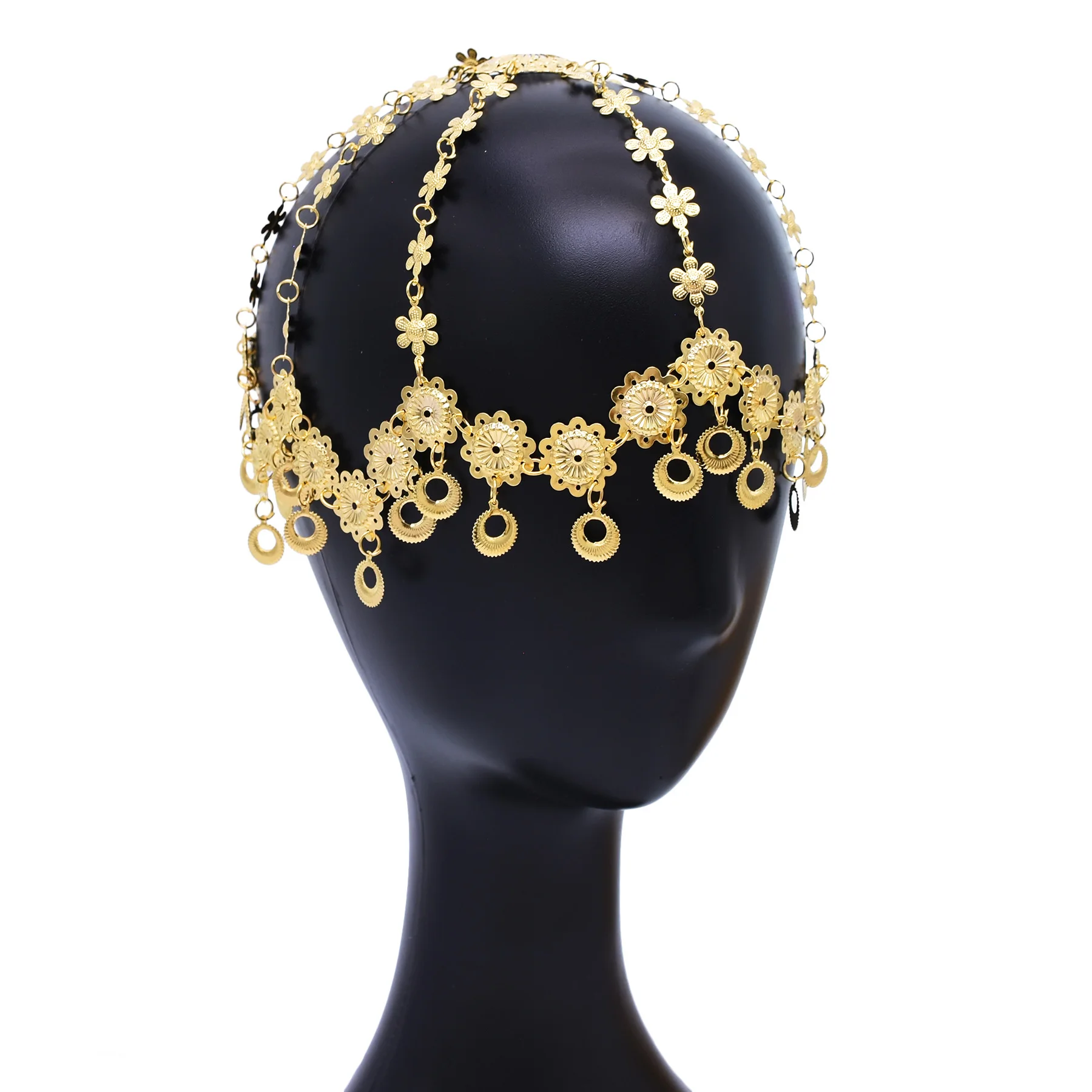 Fashionable Creative Arab Headwear Middle East Golden Alloy Flower Chain Geometry Tassel Bohemian Headdress Turkey India Jewelry
