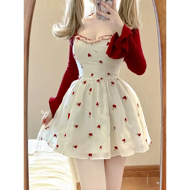 Summer Woman Korean Fashion Suit Kawaii Floral 2 Piece Dress Set Elegant Short Cardigan Beach Sleeveless Y2k Mini Dress Chic