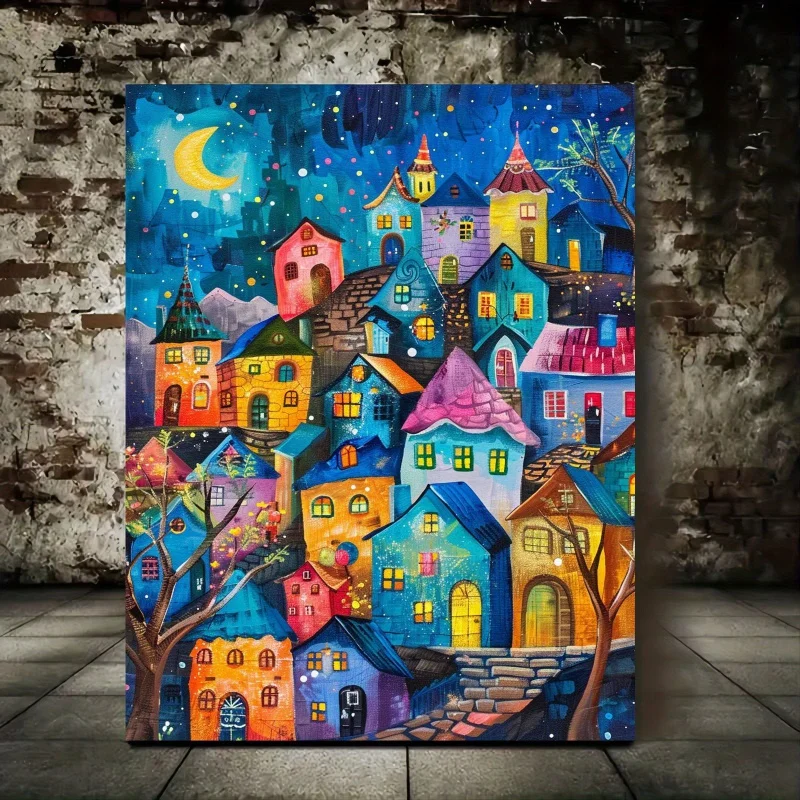 Enchanted Forest Village - Colorful Houses Under Starry Sky | Whimsical Wall Art On Canvas With Wooden Frame For Living Room