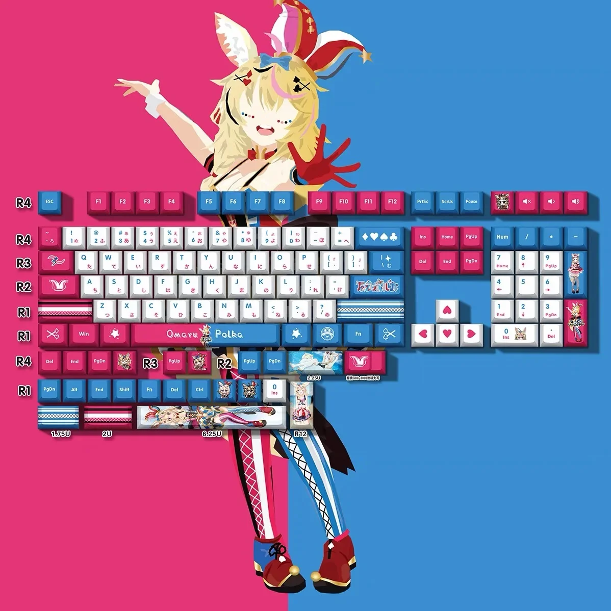 Hololive vtuber keycaps omaru polka bonito keycaps pbt sublimação de tinta cereja mx interruptor de eixo cruzado keycap para teclado mecânico