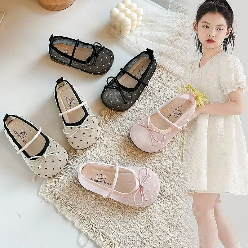 Children Polka Dot Sandals Princess Party Dress Shoes Large Kids Performance Dance Flat Shoes Girls New Girls Mesh Single Shoes
