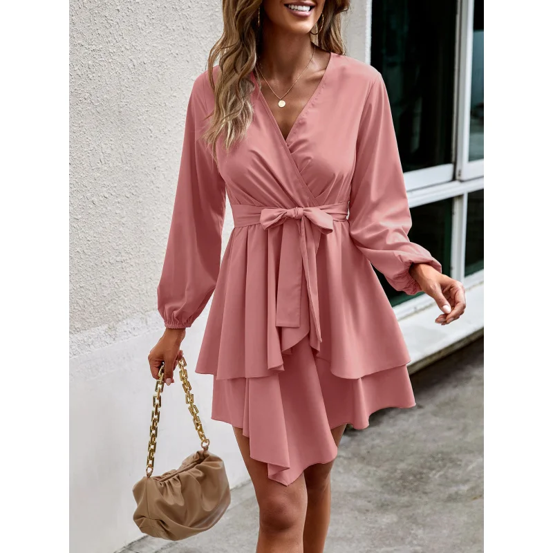 

International Station Elegant Style Dress Autumn Winter Waist Tie SlimmingVWomen's Dress with Collar