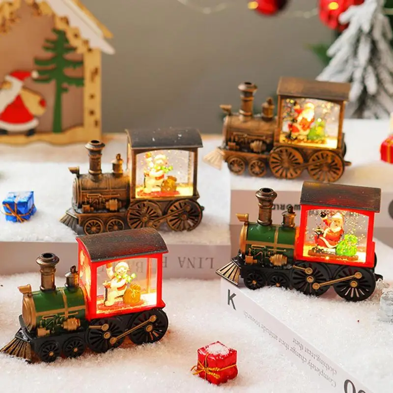 

Christmas Snow Globes Lantern Retro Christmas Lanterns LED Glittering Ornaments Small Train Figurines Santa Claus Snowman