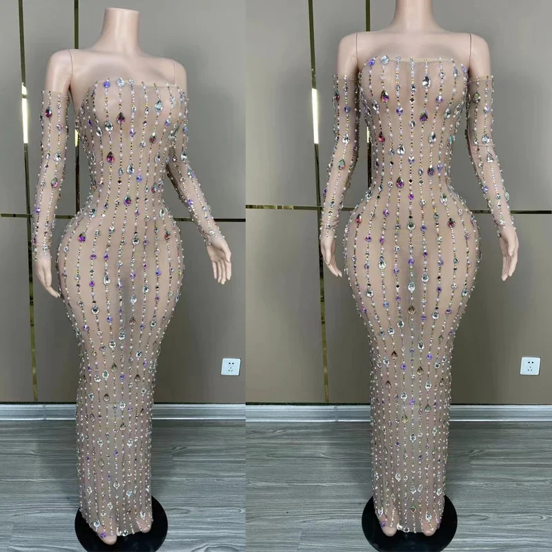 

Shiny Big Stones Pearls Dress Women Party Wedding Celebrate Dresses Costume Singer Performance Stage Outfit Clubwear XS7559